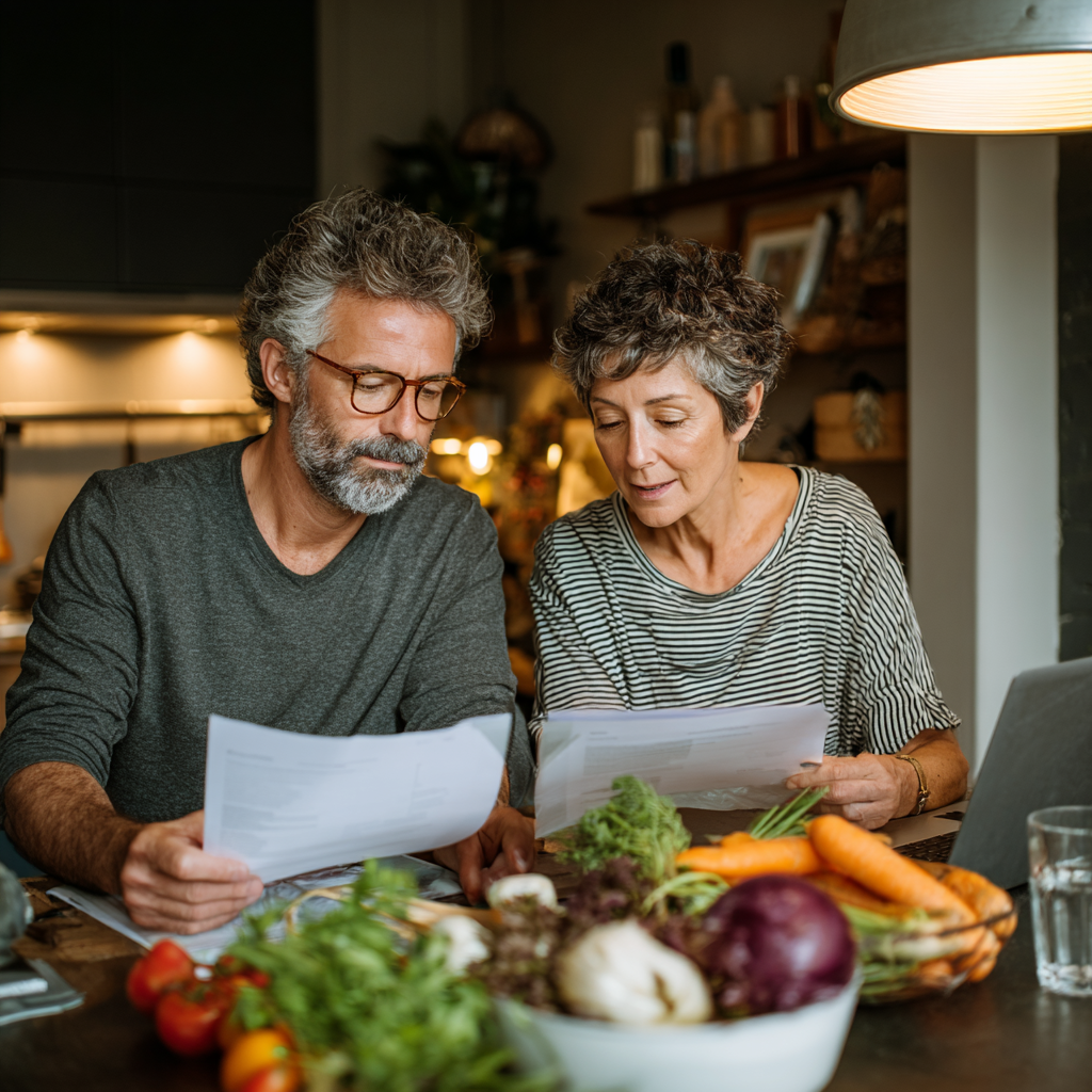 Middle-aged adults reviewing healthy meal plans together at kitchen table