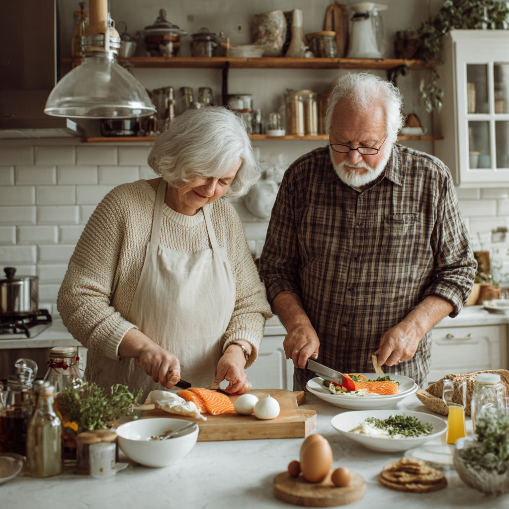 Older adults preparing and enjoying balanced meals throughout their day in a bright kitchen